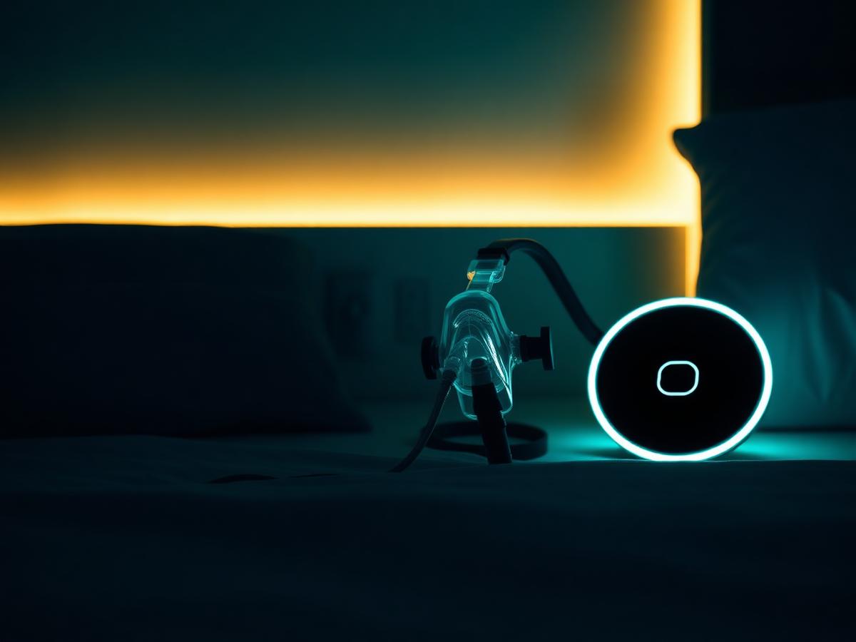 A modern therapy mask and bedside device glowing softly in a dark bedroom
